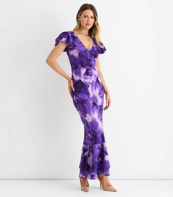 Gini London Light Purple Watercolour Floral Maxi Dress