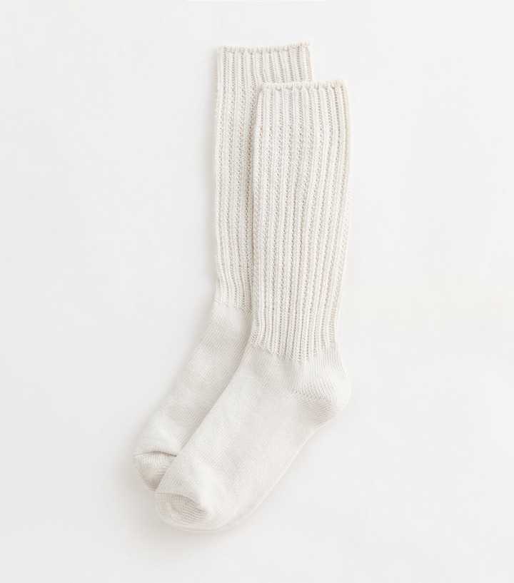 Cream Ribbed Knit Slouch Socks