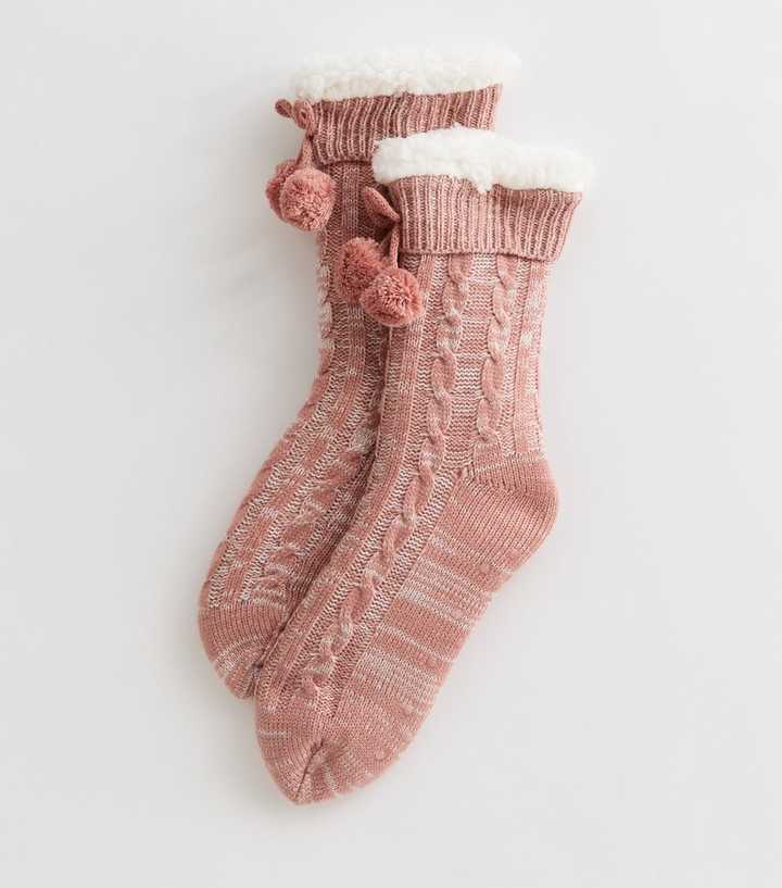 Light Pink Cable Knit Glitter Slipper Socks