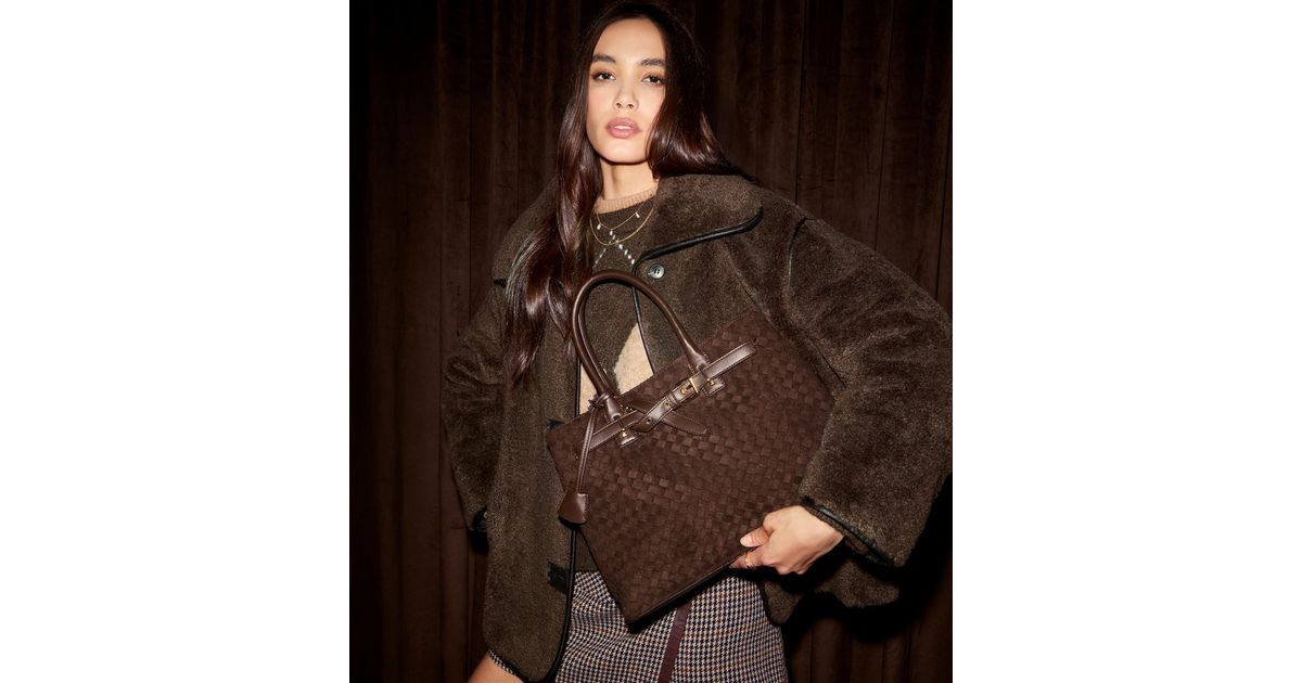 Dark Brown Faux Suede Triple Compartment Tote Bag | New Look