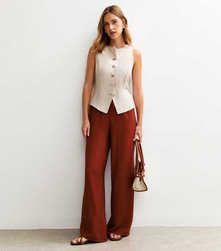 Rust Crinkle Texture Wide Leg Trousers