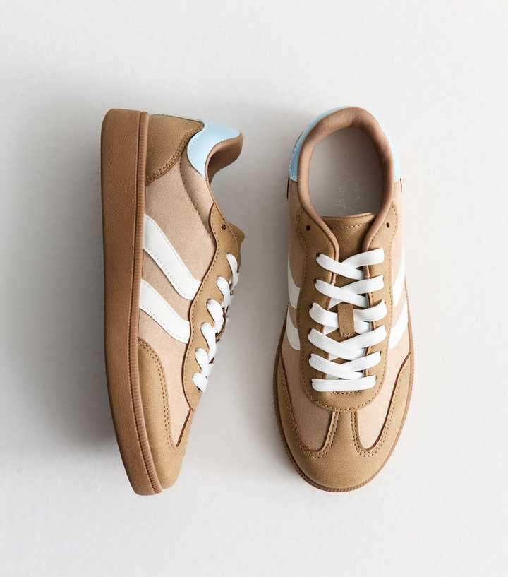 Camel Faux Suede Contrast Panelled Lace Up Trainers