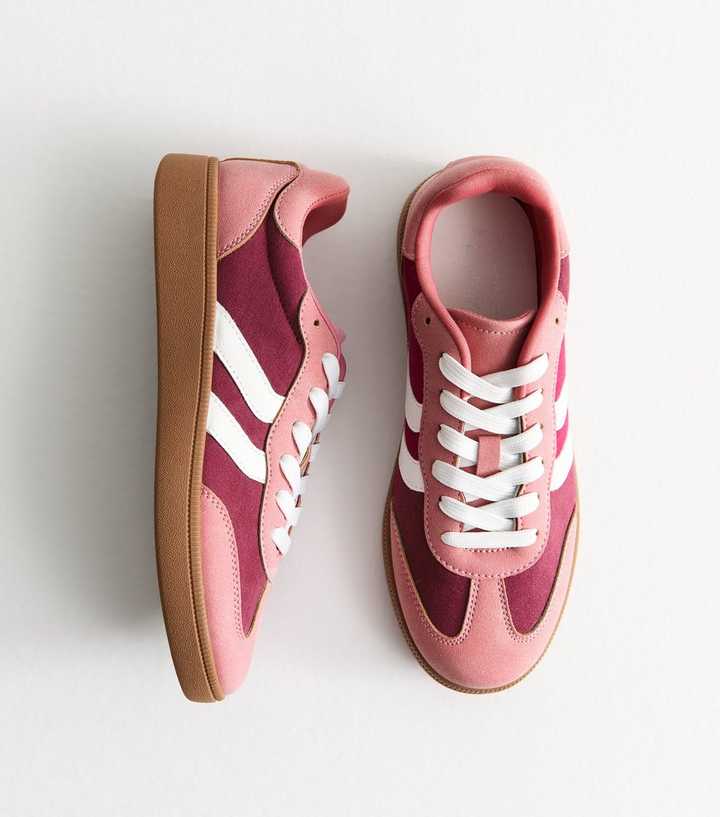 Dark Pink Faux Suede Contrast Panelled Lace Up Trainers