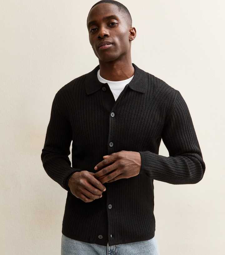 Jack & Jones Black Regular Ribbed Polo Cardigan