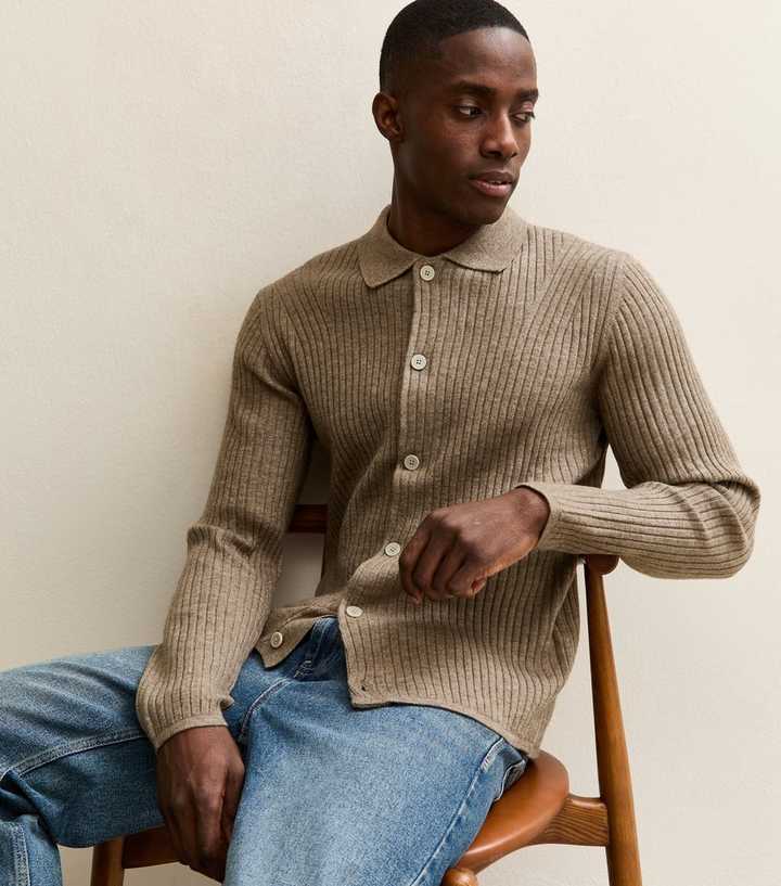 Jack & Jones Cream Regular Ribbed Polo Cardigan