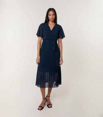 Blue Vanilla Navy Chiffon Pleated Skirt Midi Dress