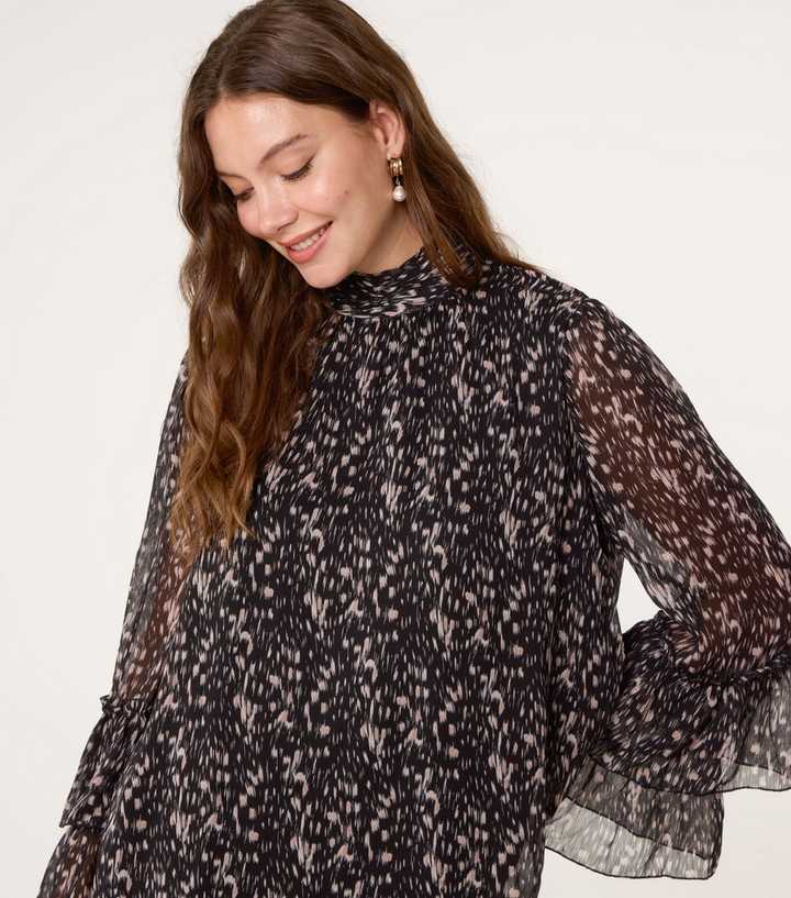 Blue Vanilla Black Abstract Print Frill Sleeve Blouse