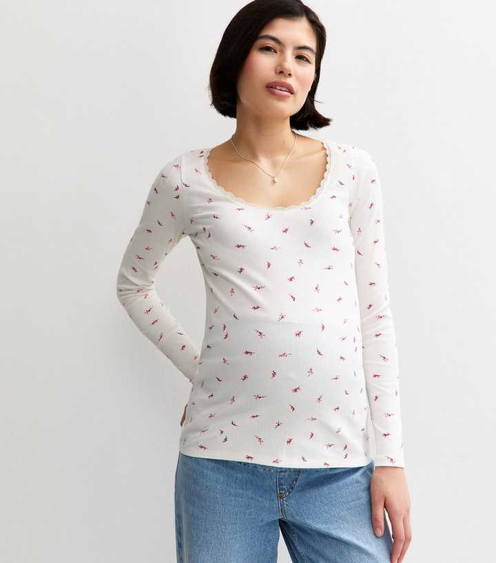 Maternity Cream Rib Leaf Print Long Sleeve Top