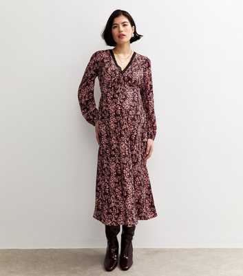 Maternity Burgundy Floral Lace Trim Midi Dress