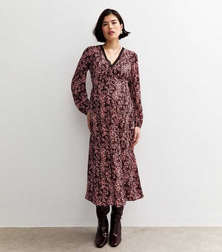 Maternity Burgundy Floral Lace Trim Midi Dress