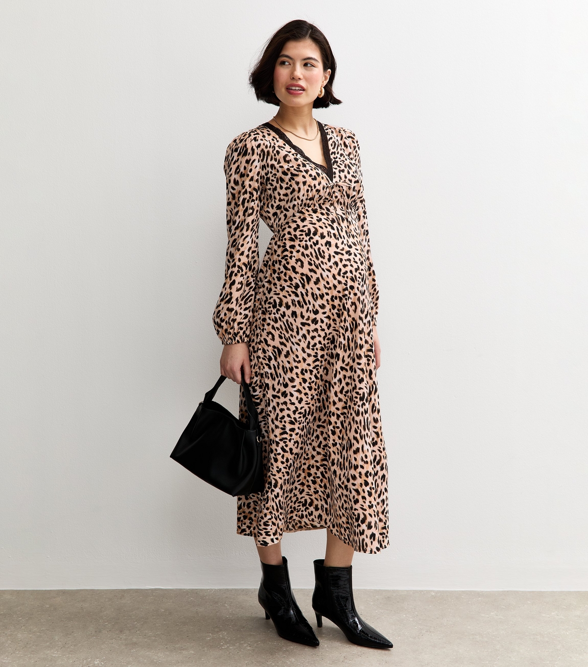 New Look Women's Brown Pattern Maternity Brown Leopard Print Lace Trim Midi Dress