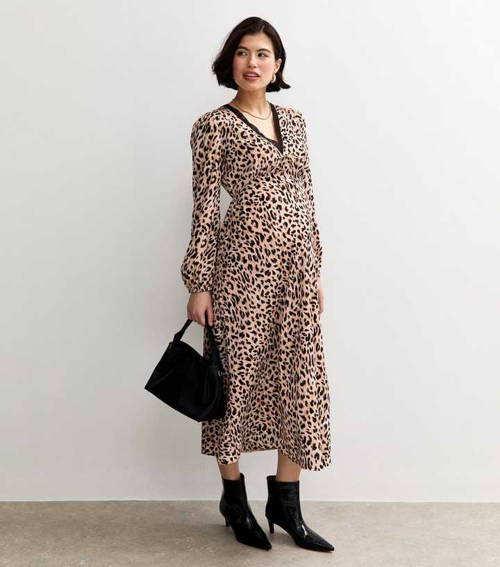 Maternity Brown Leopard Print Lace Trim Midi Dress