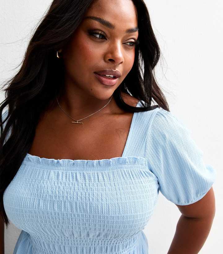 Curves Light Blue Shirred Puff Sleeve Top