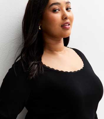 Curves Black Ribbed Lace Trimmed Long Sleeve Top