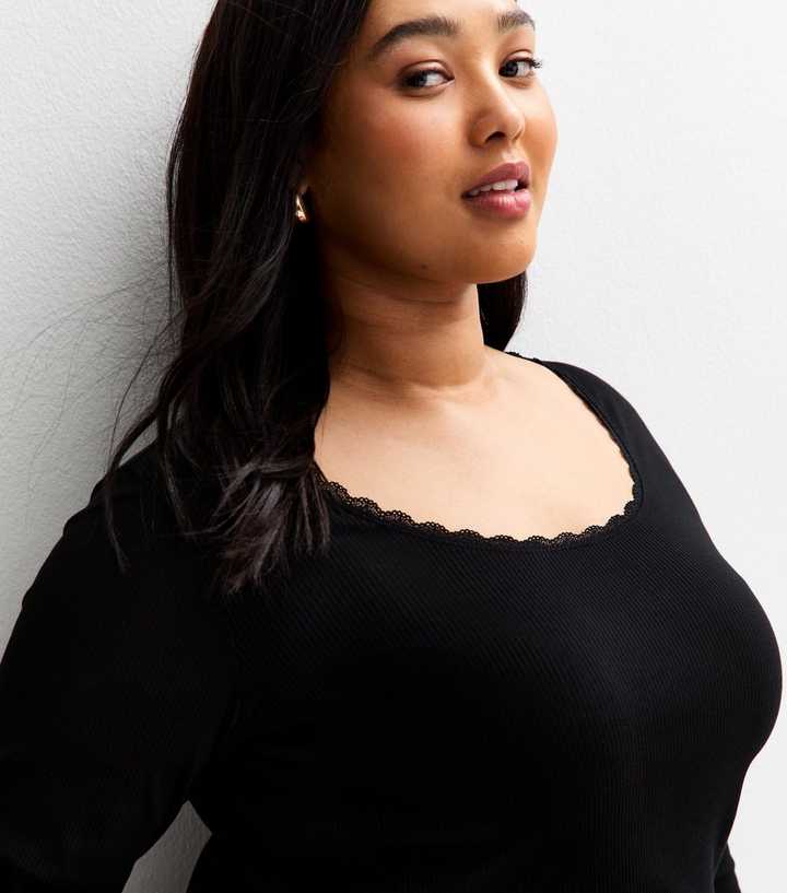 Curves Black Ribbed Lace Trimmed Long Sleeve Top