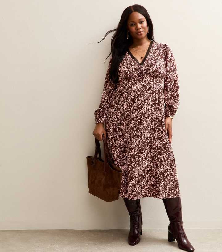 Curves Burgundy Floral Print Lace Trimmed Midi Dress | New Look