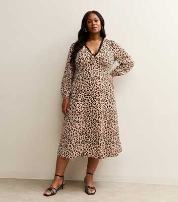 Curves Brown Leopard Print Lace Trim Midi Dress