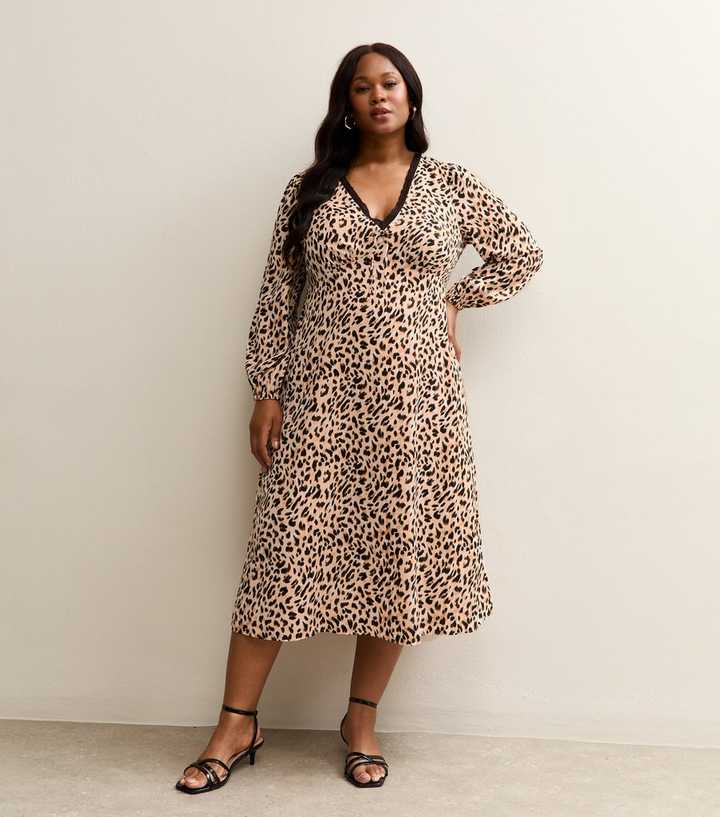 Curves Brown Leopard Print Lace Trim Midi Dress