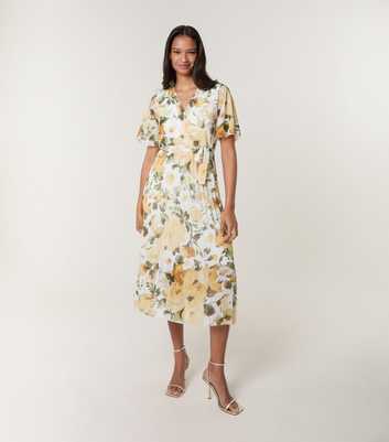 Blue Vanilla Light Yellow Floral Print Pleated Midi Dress