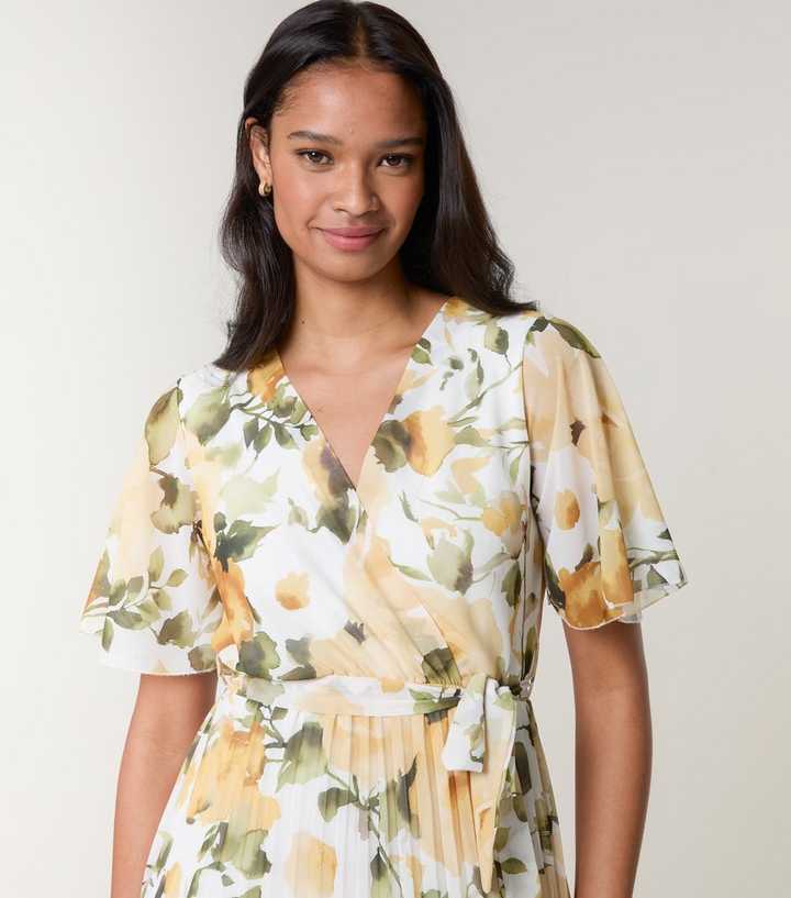 Blue Vanilla Light Yellow Floral Print Pleated Midi Dress