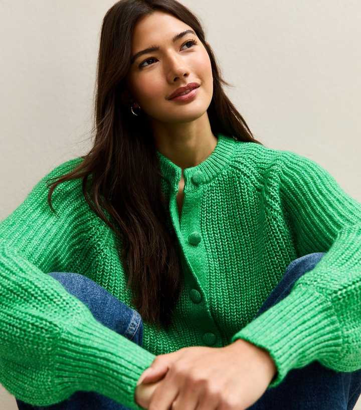Bright Green Ribbed Knit Raglan Sleeve Cardigan