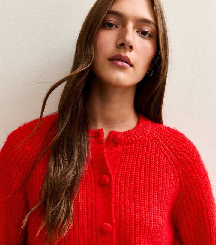Bright Red Ribbed Knit Raglan Sleeve Cardigan