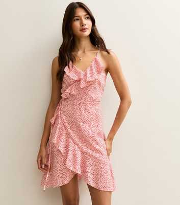 Sunshine Soul Pink Polka Dot Frilly Trimmed Wrap Mini Dress