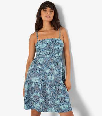 Apricot Blue Printed Ruched Mini Dress