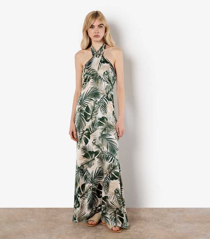 Apricot Green Tropical Leaf Print Halterneck Maxi Dress
