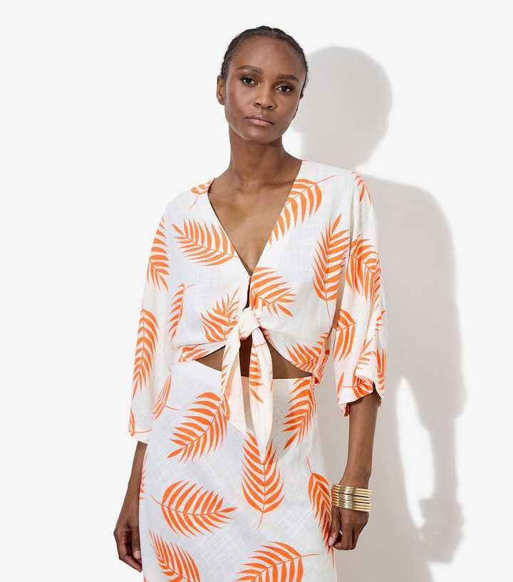 Apricot White Palm Leaf Print Tie Front Blouse