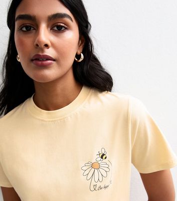 Light Yellow Bee Happy Print Relaxed Fit T-Shirt | New Look