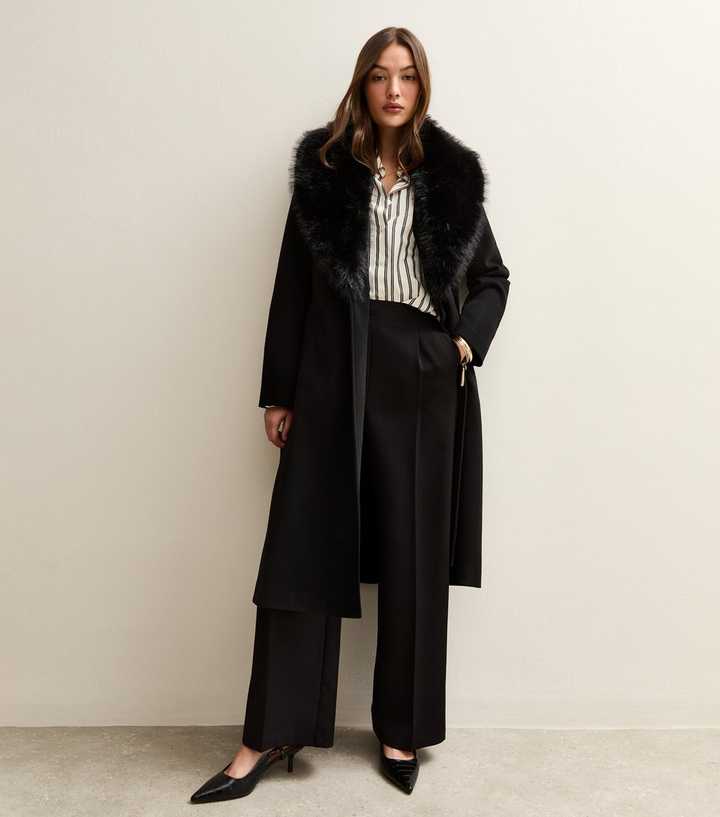 Black Faux Fur Collar Wrap Coat