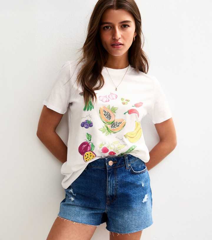 White Fruit and Vegetable Print Relaxed T-Shirt