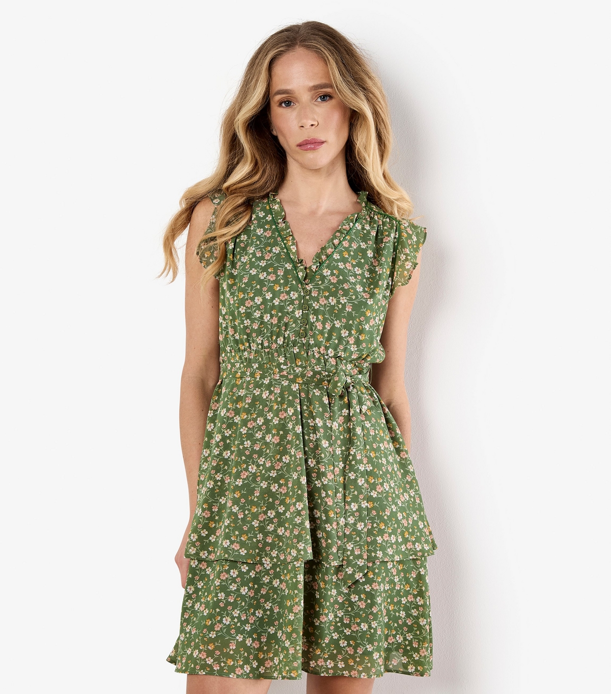 Women's Green Floral Print Frilly Trim Mini Dress Apricot New Look