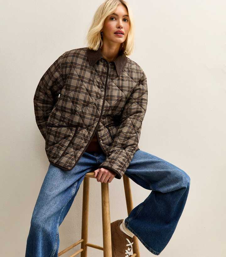 Brown Checked Contrast Trim Quilted Barn Jacket