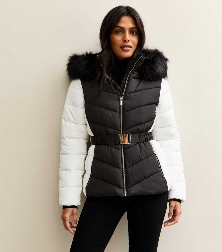 Black Contrast Sleeve Faux Fur Hood Ski Puffer Jacket