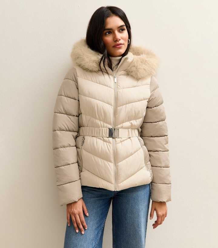 Mink Contrast Sleeve Faux Fur Hood Ski Puffer Jacket