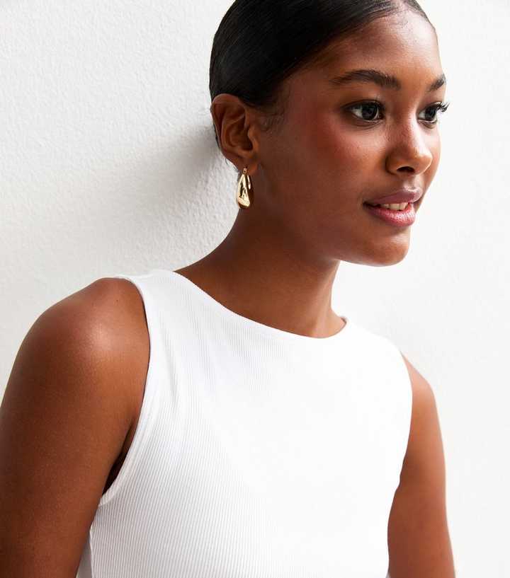 White Ribbed Slash Neck Vest Top