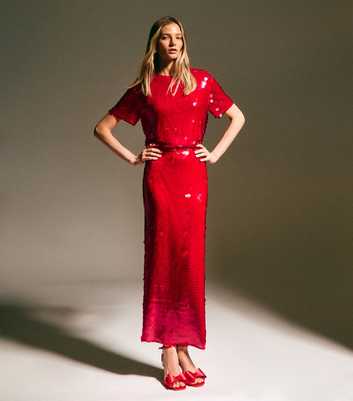 Red Sequin Midi Skirt