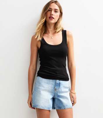 Black Wide Strap Scoop Neck Ribbed Vest