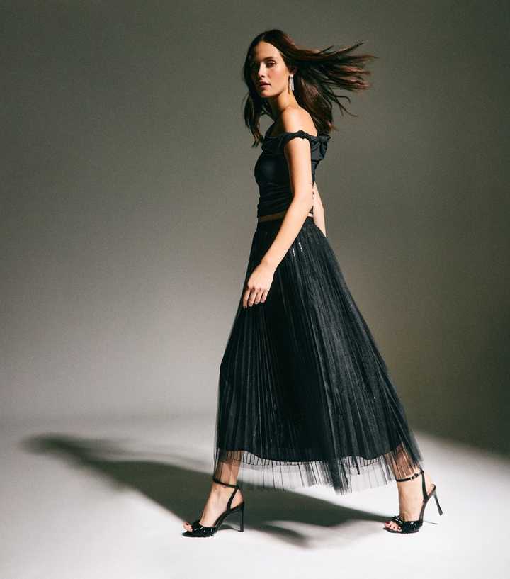 Black Sequin Tulle Midi Skirt