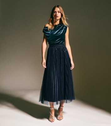 Navy Sequin Tulle Midi Skirt