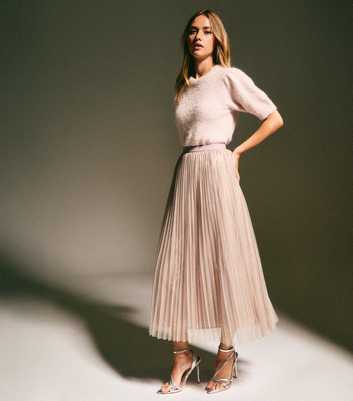 Pale Pink Sequin Tulle Midi Skirt