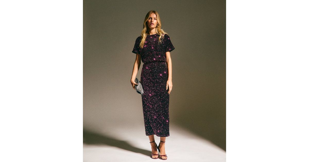 Burgundy Velvet Sequin Embellished Midi Skirt New Look