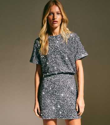 Grey Velvet Sequin Embellished A-Line Mini Skirt