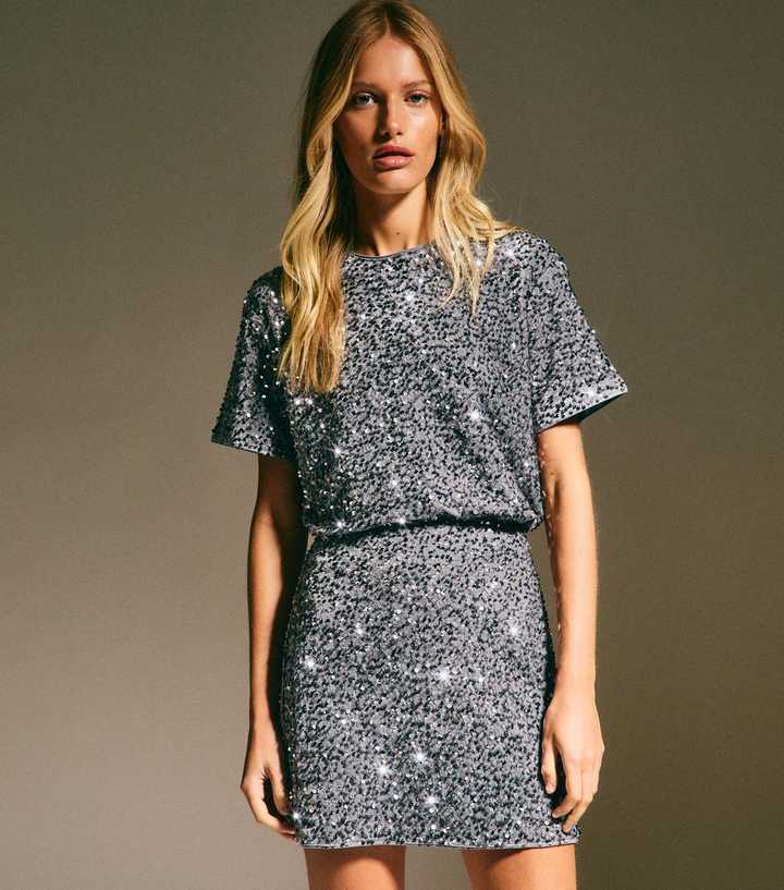 Grey Velvet Sequin Embellished A-Line Mini Skirt