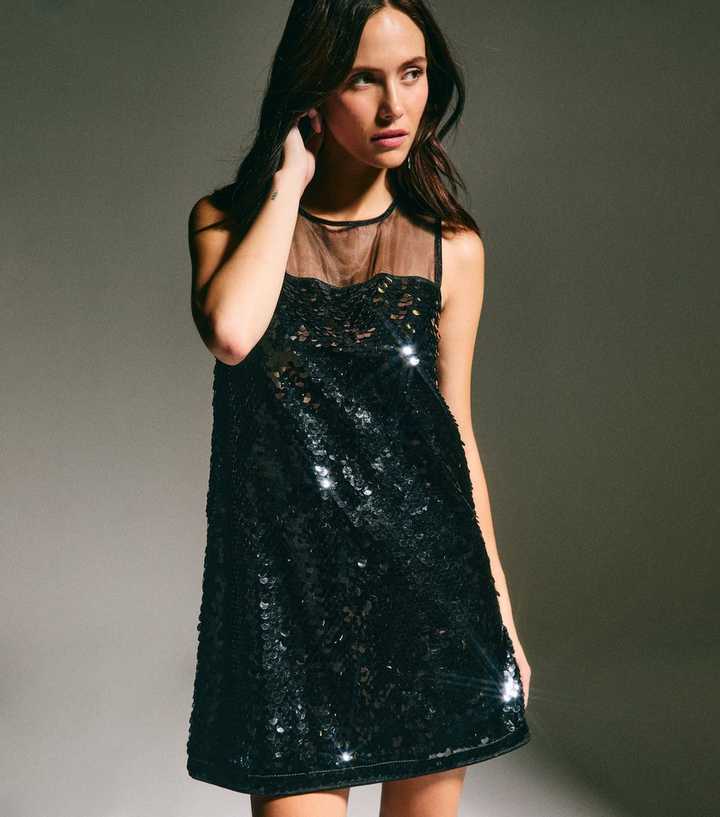 Black Sequin Embellished Mini Shift Dress | New Look