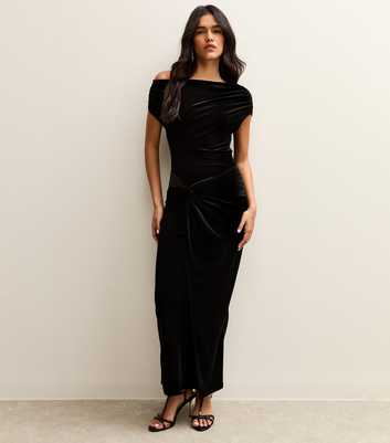 Black Velvet Off The Shoulder Knot Waist Maxi Dress