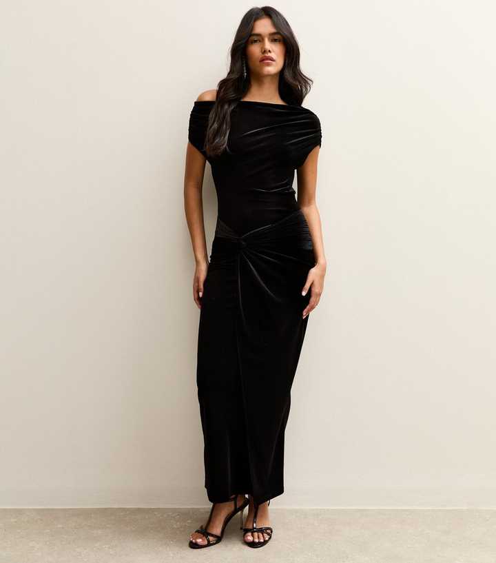 Black Velvet Off The Shoulder Knot Waist Maxi Dress