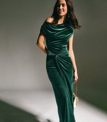 slim fit dress slacks Carita Dress | Green Velvet Off-the-Shoulder Midi Dress main image 1